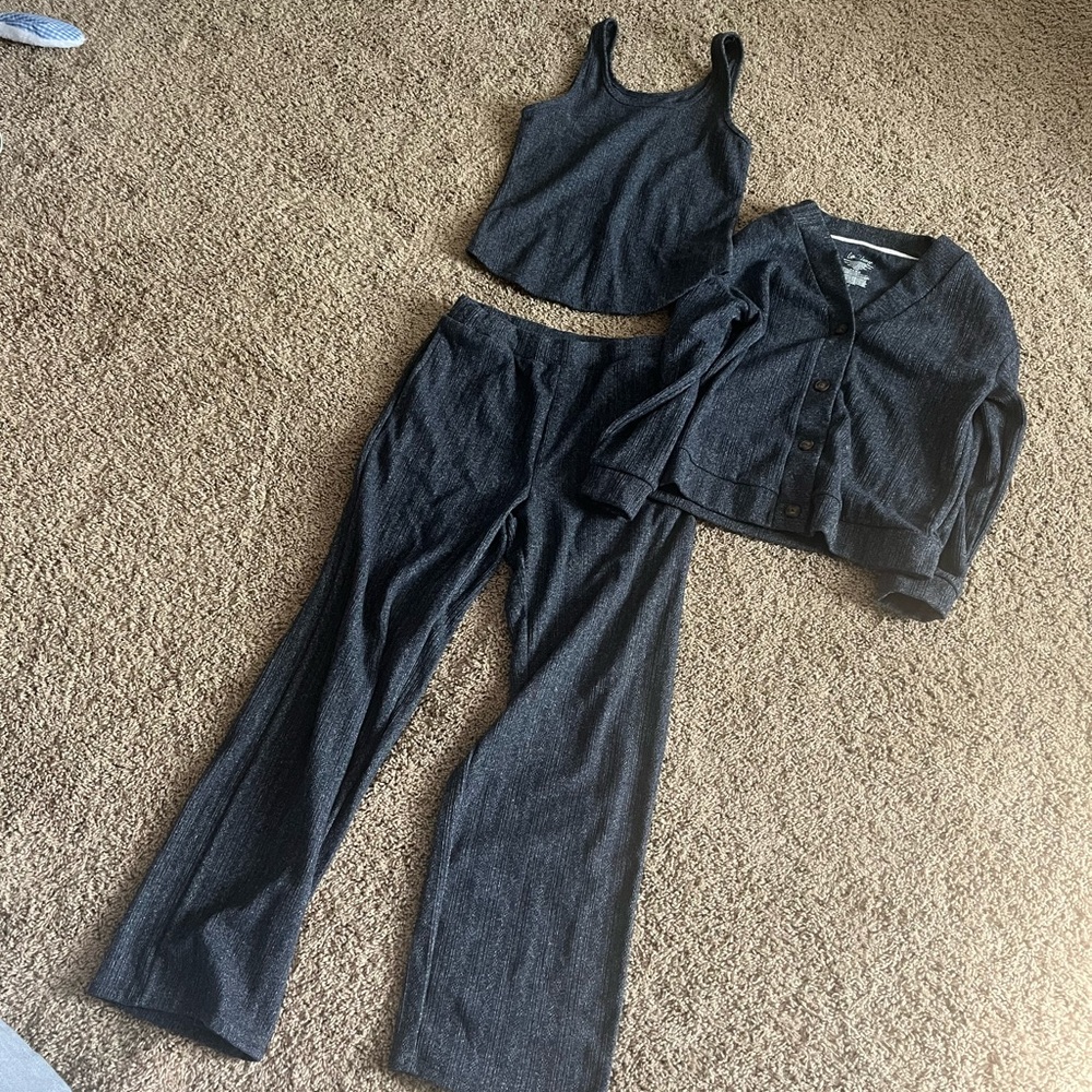 Women's Black Ribbed Knit Pants with Matching Tank & Cardigan Set